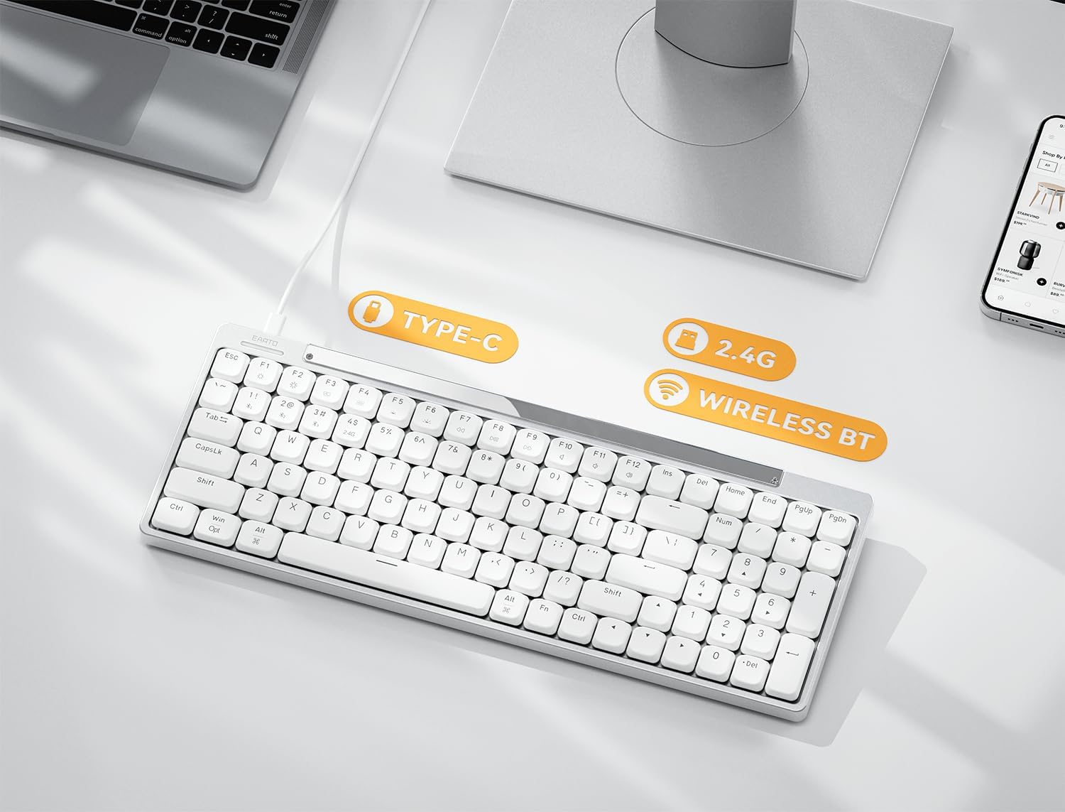 Earto CT100 keyboard connected via Type-C, 2.4G, and Wireless BT