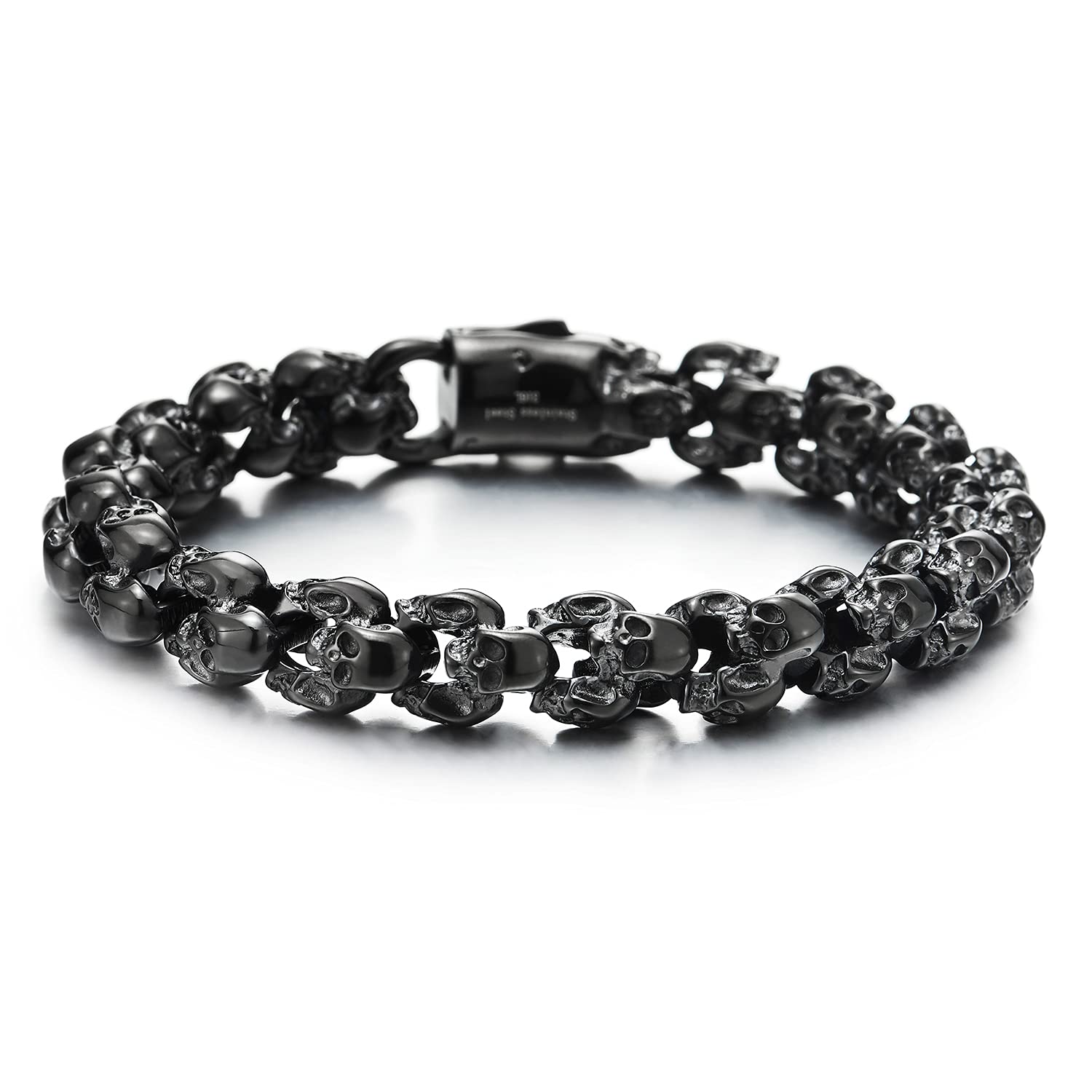 COOLSTEELANDBEYOND Gothic Biker Black 3D Link of Skulls Bracelet for Men Women Polished