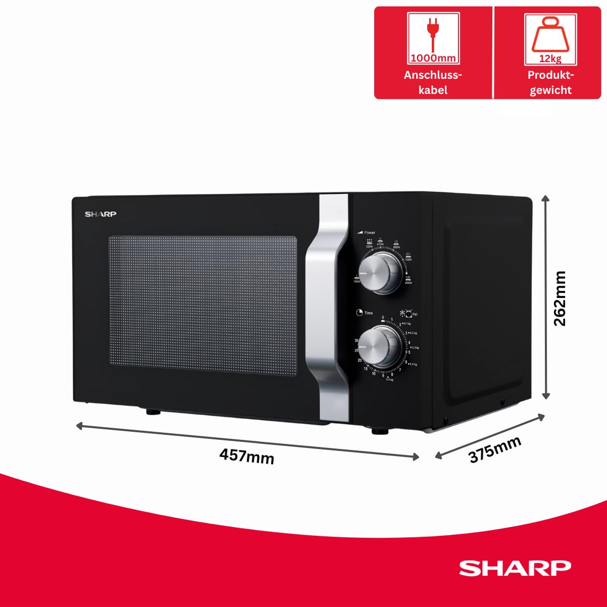 Sharp R204BA Solo-Mikrowelle,20 L,800 W,6 Leistungsstufen,Timer von 30 Minuten bis 00 Sekunden,Schwarz