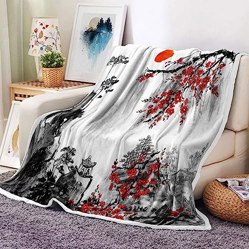 Dynh Japanese Cherry Blossom Throw Blankets, Asian Japanese Wave Kanagawa Throw Flannel Blankets For Couch & Bed cover