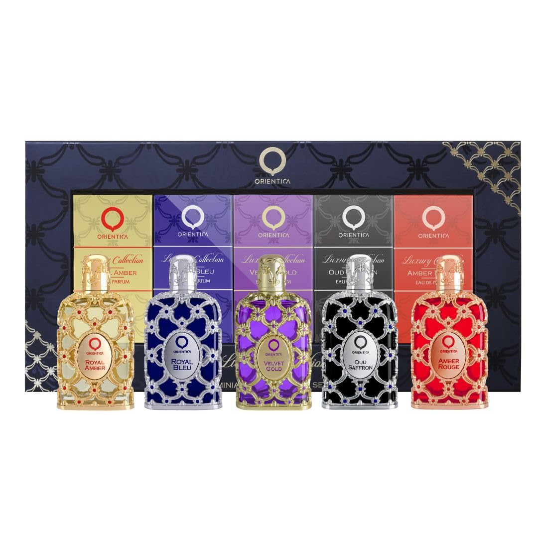 Orientica Luxury Collection Mini Perfume Gift Set for Men & Women, 5-Piece Discovery Set with Amber Rouge, Royal Amber, Oud Saffron, Velvet Gold & Royal Bleu, Unisex Fragrances for Every Occasion