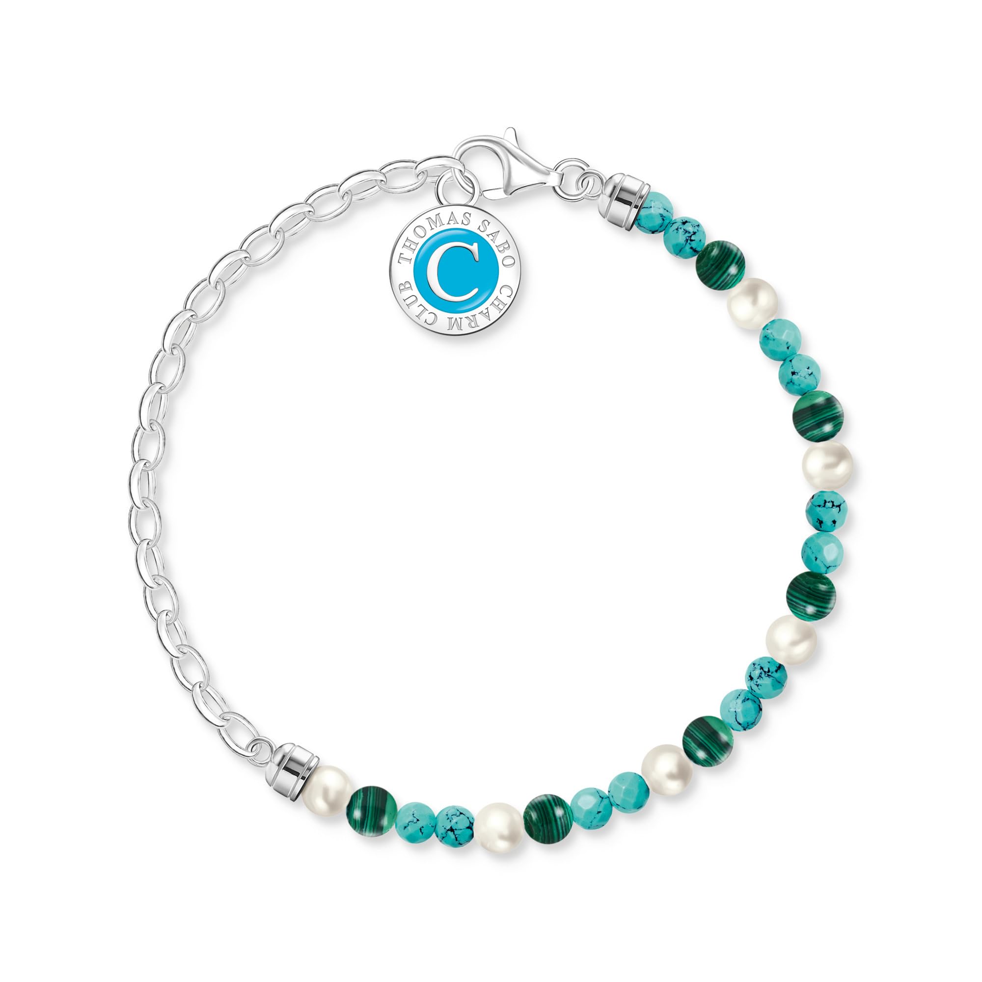 THOMAS SABO Member Charm-Armband mit weißen Perlen, Malachit und Charmista Coin Silber 925 Sterlingsilber, Kaltemail