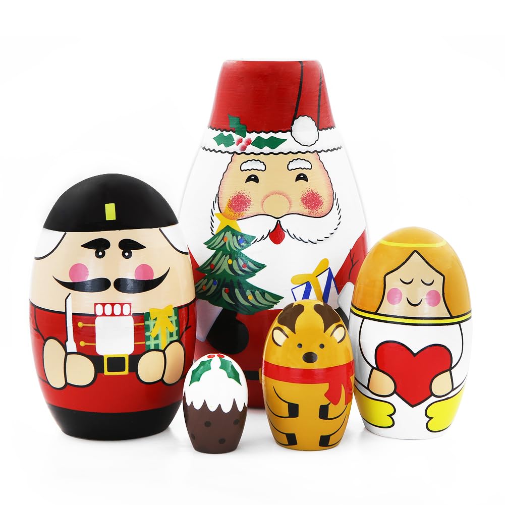 Set of 5 Christmas Nesting Dolls,Egg Shape Santa Claus Soldier Angel Elk Christmas Tree Wooden Russian Doll Father Christmas Stacking Matryoshka Doll for Kid Gift Christmas Birthday Party Home Decor