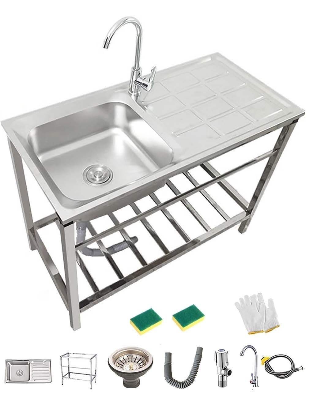 Edelstahl Spülbecken Outdoor Mobile Spüle Freistehende Spülbecken Küche Waschbecken Mit Wasserhahn & Schwammbürste Gewerbliche Spüle 75 × 40 × 75 Cm Für Garage Waschküche Campingküche