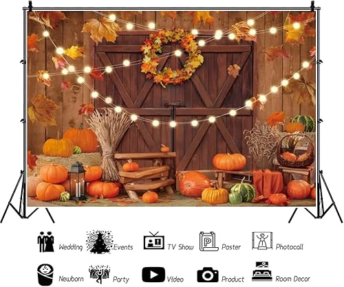 Miniatura 3 de Telón de fondo de otoño de 5 x 3 pies para sesión de fotos, hojas de arce, fondo de puerta de granero para fotografía, pajar de otoño, fiesta de