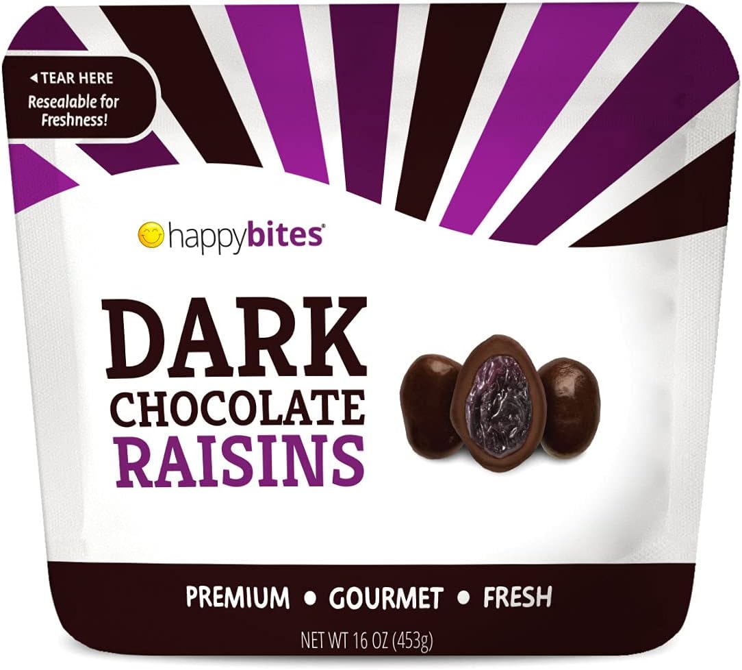Happy Bites Dark Chocolate Covered Raisins - Dark Chocolate - Resealable Pouch Bag (1 Pound)