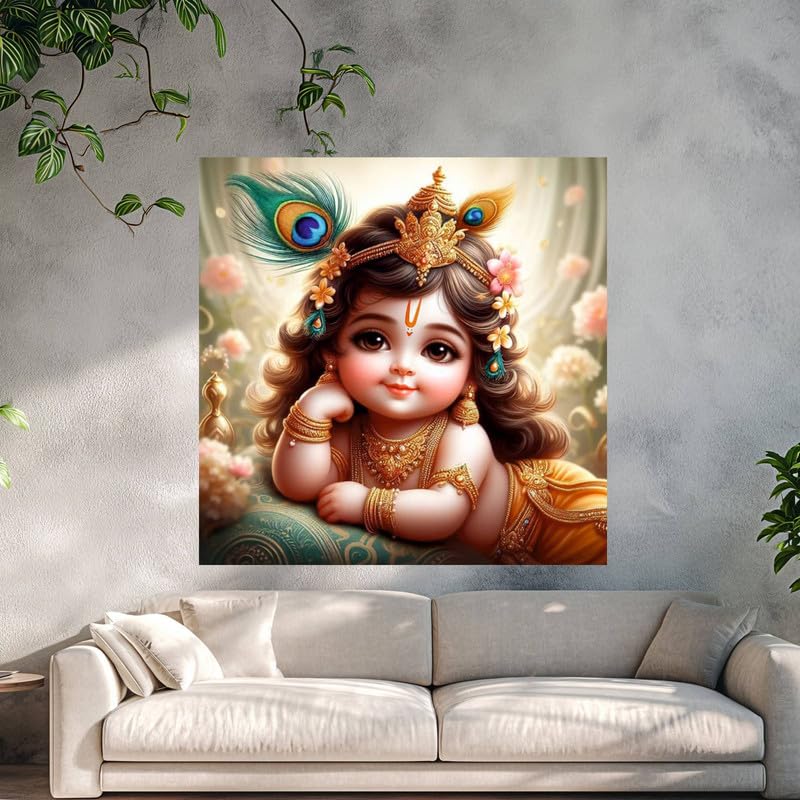 Image of British Terminal Cute little Bal Gopal Baby God Krishna| Kanha Ji | Laddu Lord Makhan Chor Painting Religious Poster for Pregnant Women for wall (matt thin vinyl,sticker,multicolor,unframed)| bj428