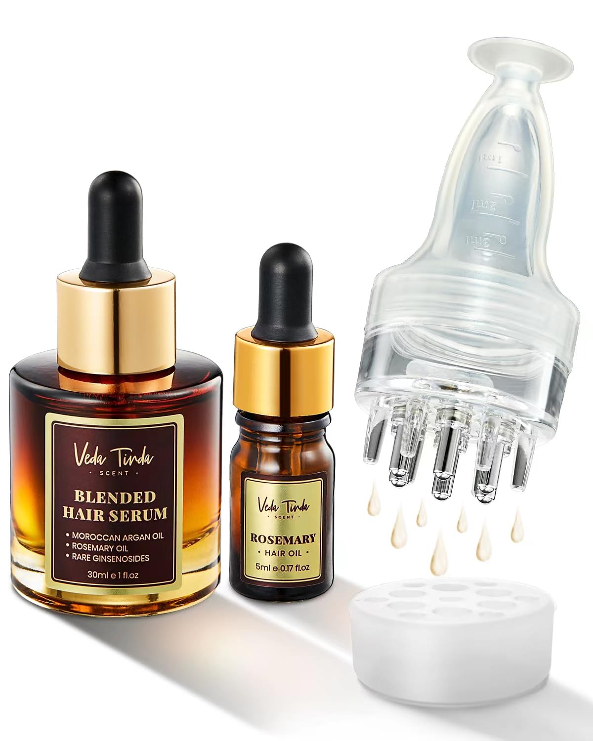VEDA TINDA SCENT Hair Serum Applicator & Rosemary Oil & Moroccan Argan Oil, Scalp Massager for Hair Growth, Scalp Care Essential Oil Set for Men and Women