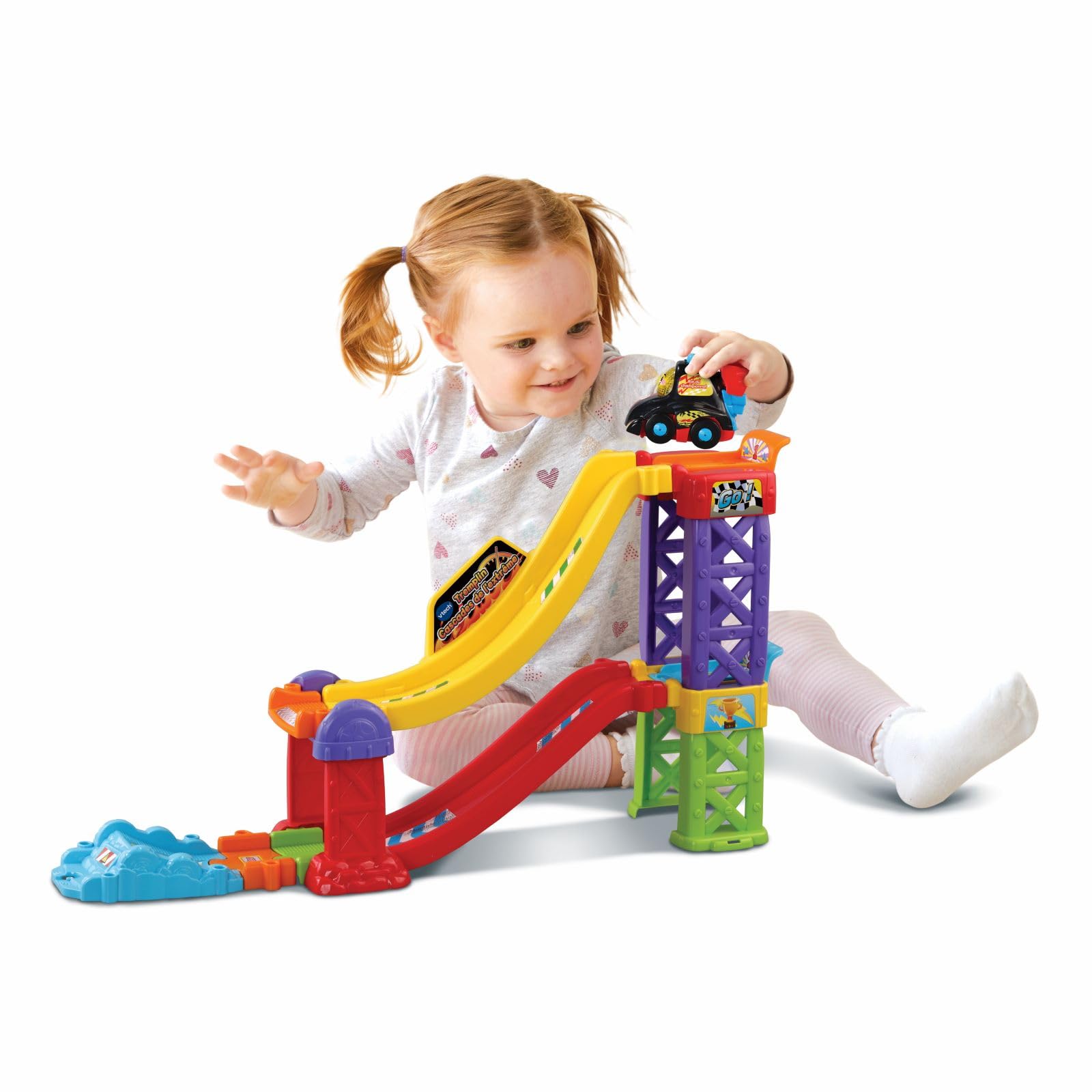 VTech Vroom Vroom Go - Trampolino Acrobazie Estreme 3 in 1, Pista Macchinine con Trampolino, 3 Modalità di Gioco, Incluso 1 Veicolo, 2 Zone Magiche, Lingua Italiana, Batterie Incluse, 1-5 Anni