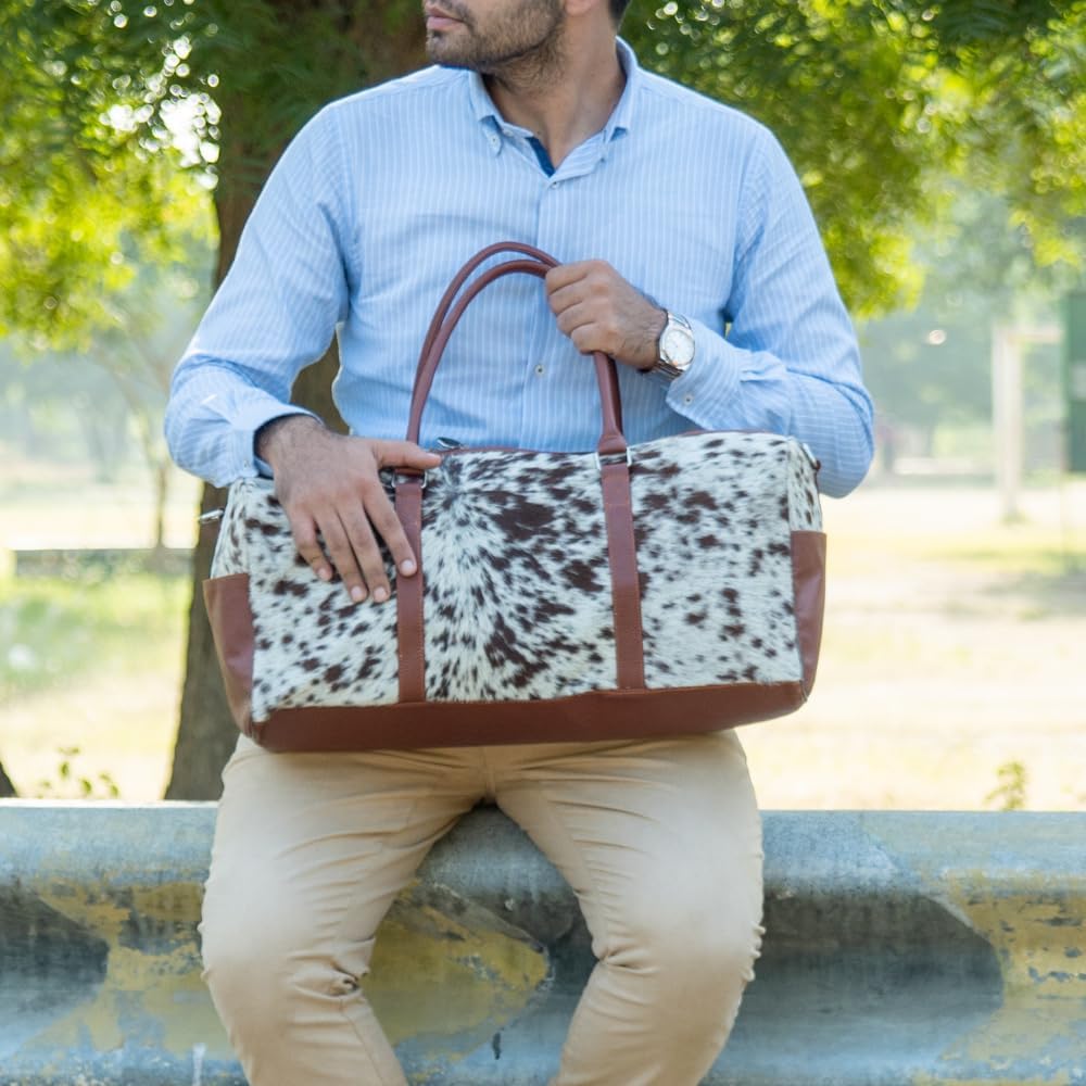 Cowhide Leather Travel Bag – Hair-On Hide Weekender Duffel, Overnight Carry-On Bag for Men & Women holdall uses 21 inch