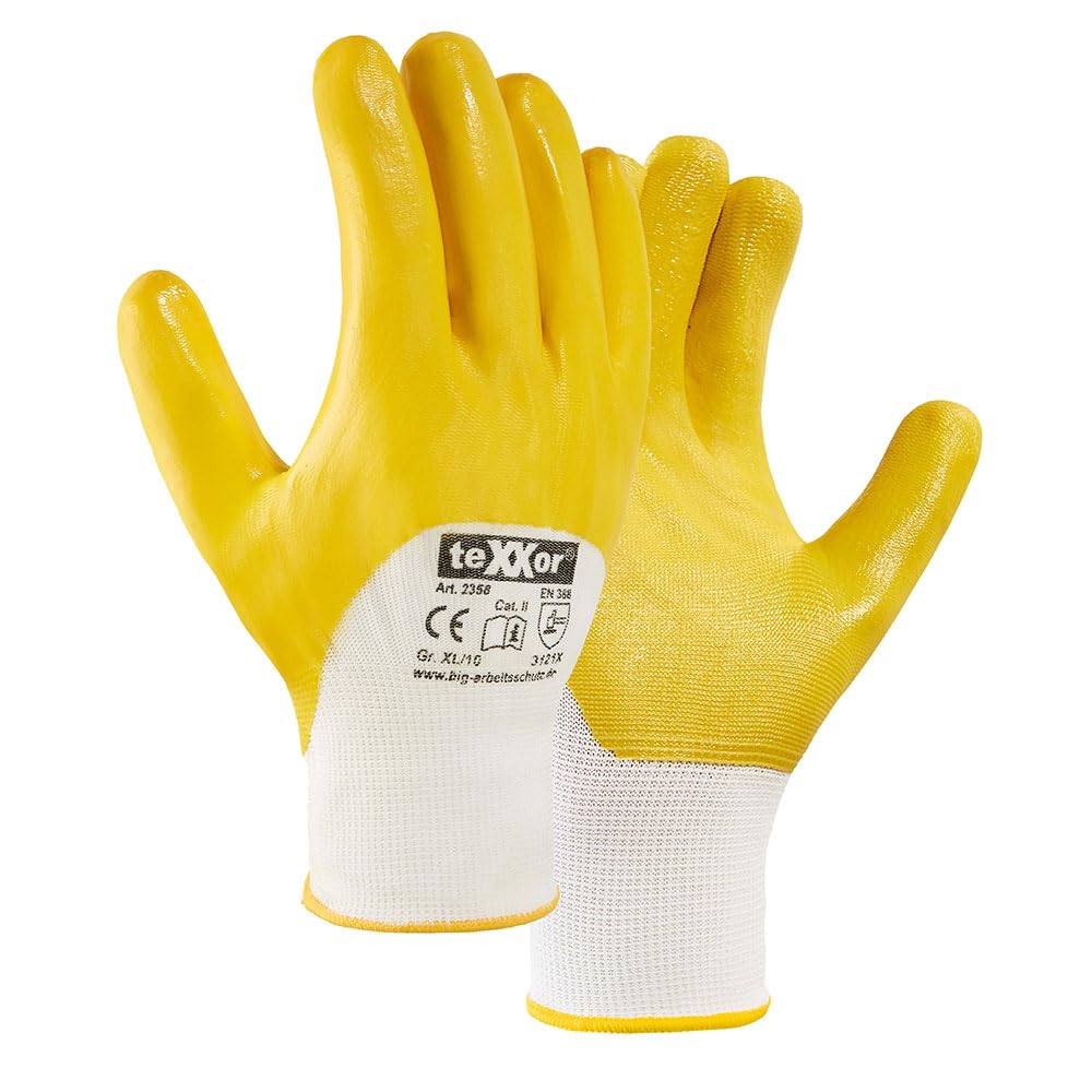 texxor 144 Stück Polyester-Strickhandschuhe 2358, Nitril beschichtet, weiß-gelb, 9/L, Karton, Nitrilhandschuhe, Strickhandschuhe, Arbeitshandschuhe