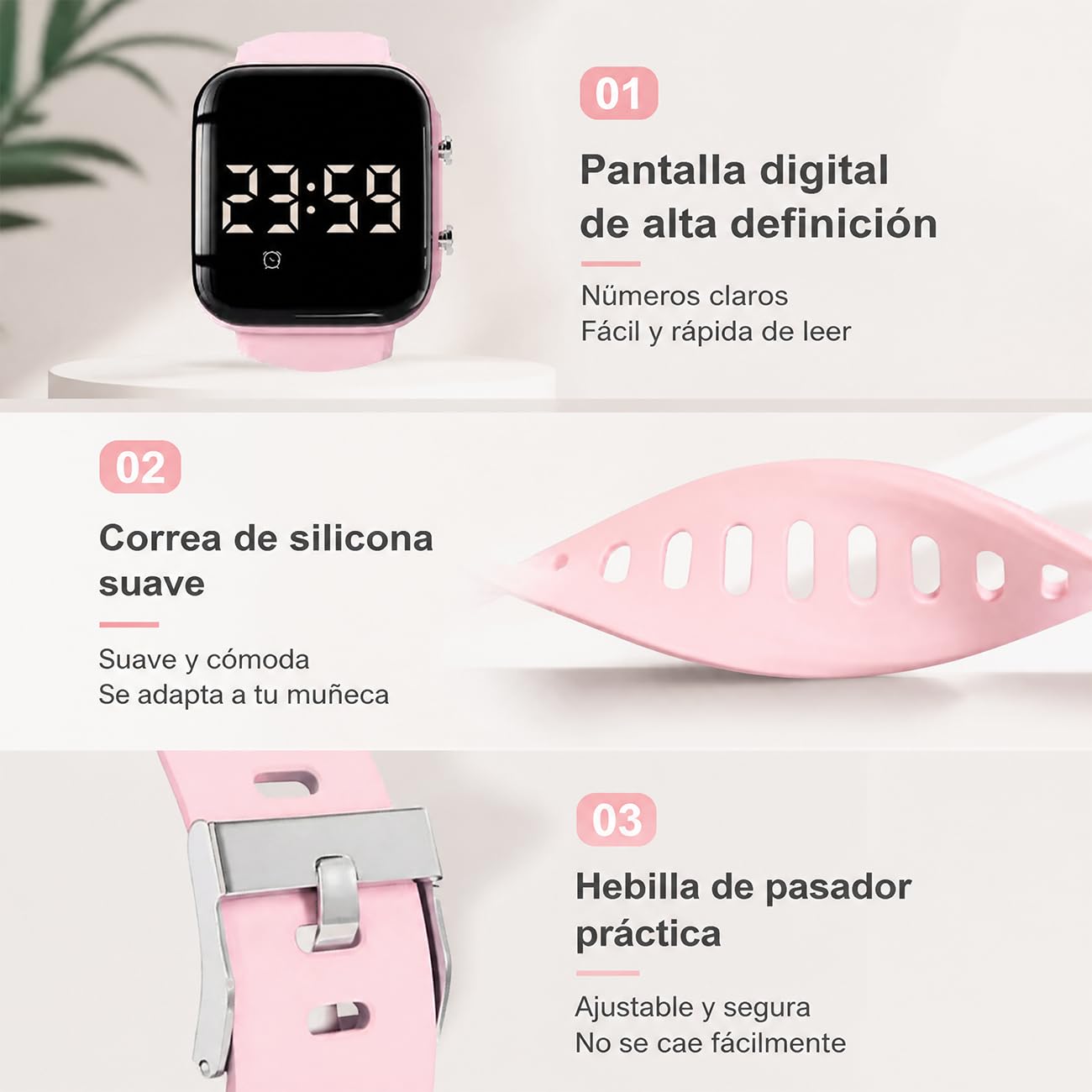 Genérico Despertador para Sordos, Pulsera Despertador Vibración Te Despierta Tranquilamente por La Mañana Sin Molestar A Los Demás Personas Sordas Reloj, For Meetings, Sleeping,Rosado,3.7 * 3.2cm