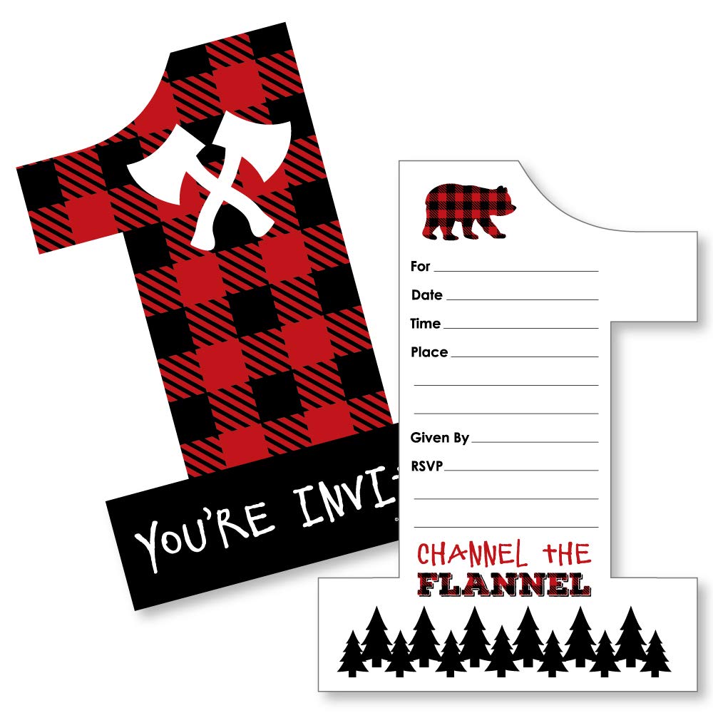 Big Dot of Happiness 1st Birthday Lumberjack - Channel the Flannel - Shaped Fill-In Invitations - Buffalo Plaid First Birthday Party Invitation Cards with Envelopes - Set of 12