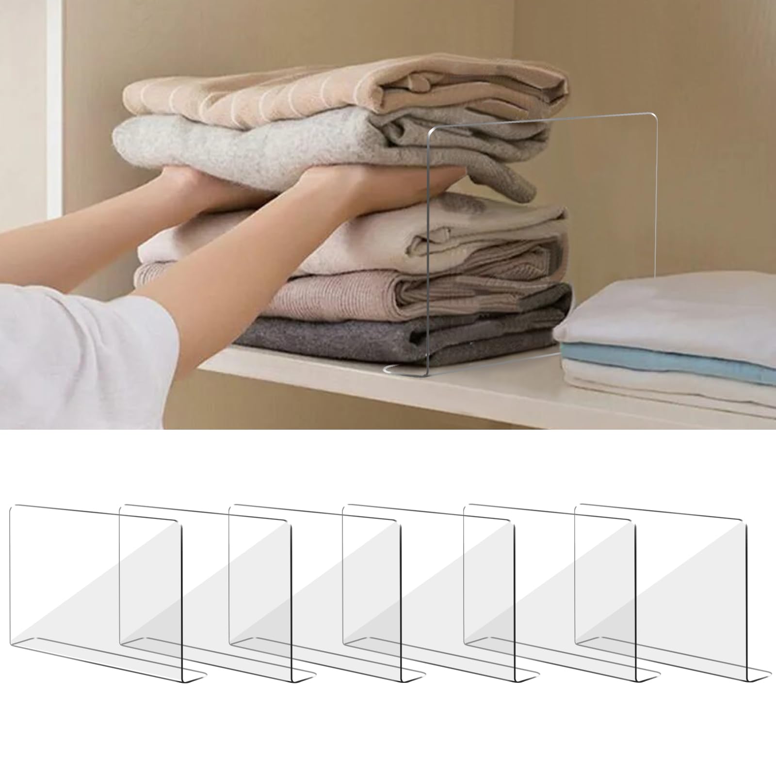 OKPOW Shelf Dividers for Closet Organization: 6Pack Durable Clear Acrylic Divider Organizer for Shelves - Vertical Adjustable Shelving Separators for Clothing Purse