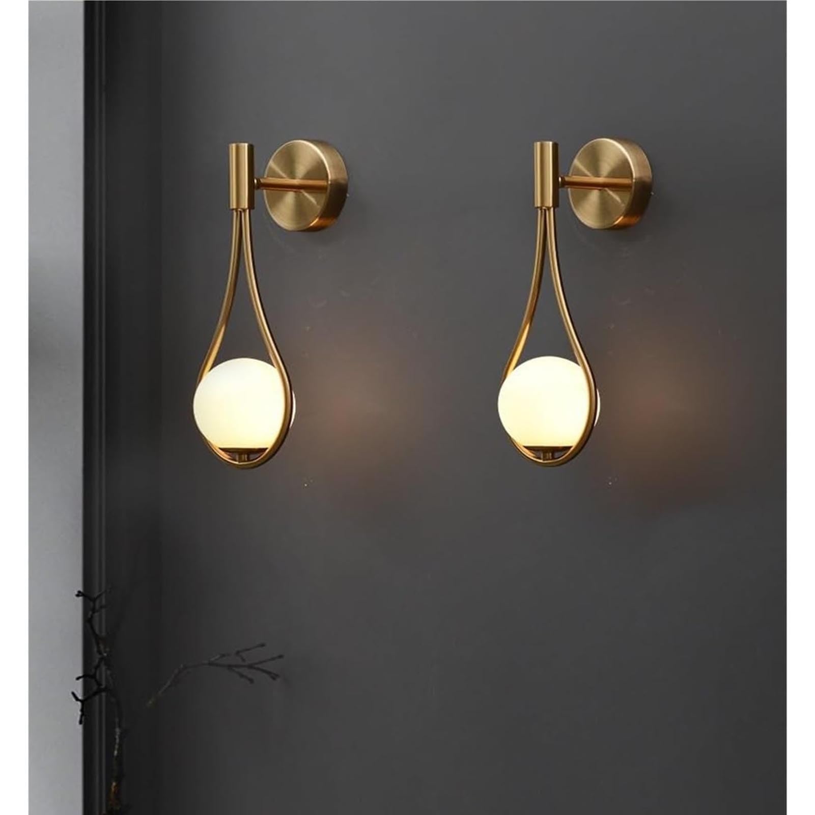 Lampa ścienna, kinkiety ścienne ze szklaną kulą, zasilanie bateryjne, zestaw 2 sztuk, ładowane przez USB, lampy ścienne z okablowaniem, oprawa ścienna, dekoracja wnętrz, złoty mosiądz, do
