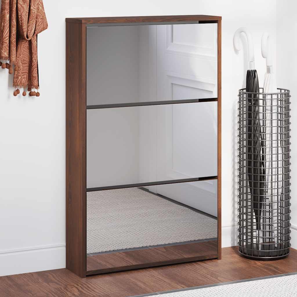 Rangement chaussures miroir compact 3 niveaux meuble organisateur fin en chêne marron pour entrée