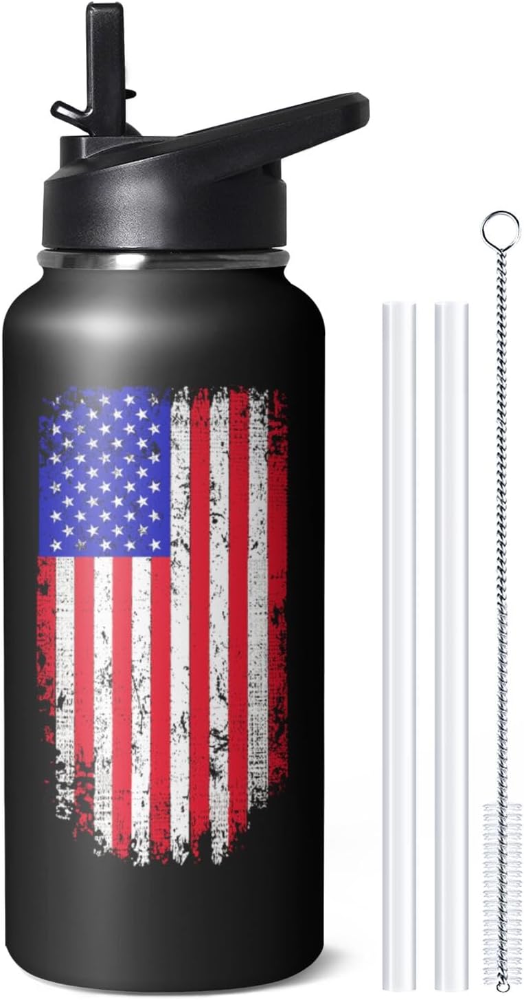 32oz American Flag Stainless Insulated Aater Water Bottle with Straw, American Flag Gym Hiking Sports Coffee Mug Cup Water Bottles,Patriotic Military Gifts For Veterans, Police