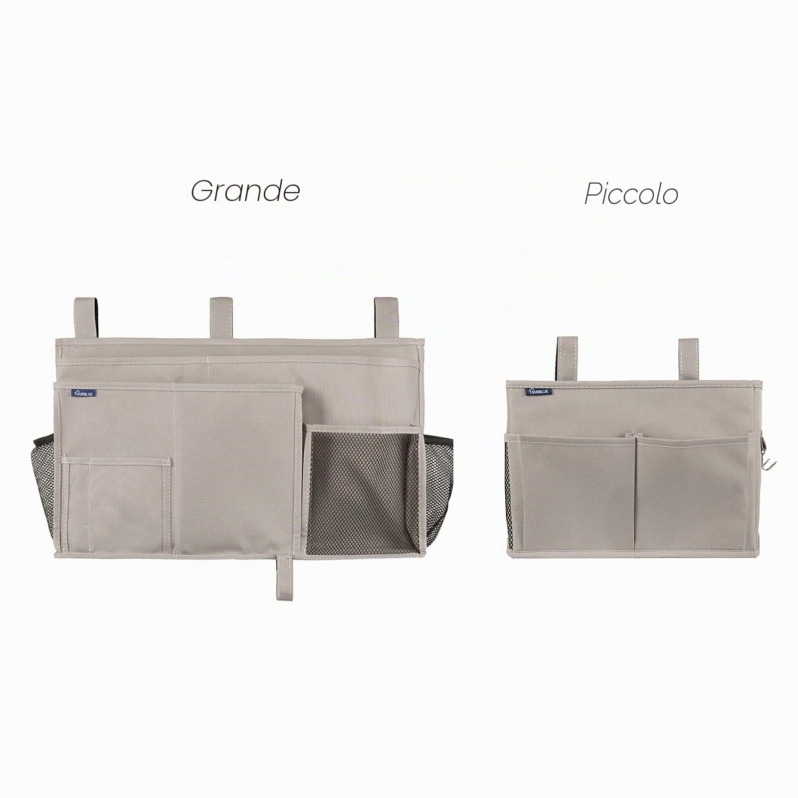 Surblue Comodino Caddy Appeso Letto Organizer Borsa Portaoggetti 4 Tasche e 2 Ganci Piccolo-Grigio