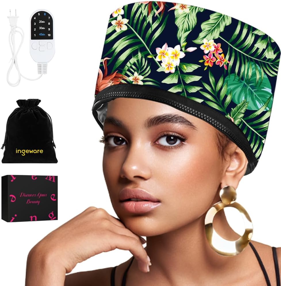 Heat Cap for Deep Conditioning, Ingeware Thermal Cap for Hair Steamer Cap for Natural Hair Portable Electric Heat Hair Spa Cap for Home Use Pattern (Floral Print)