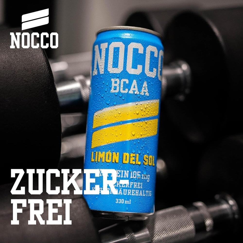 NOCCO BCAA energy drink 24er pack – zuckerfrei, vegan Energy Getränk mit Koffein, Vitaminen und Aminosäuren – Zitronengeschmack, 24 x 330ml inkl. Pfand (Limon Del Sol)
