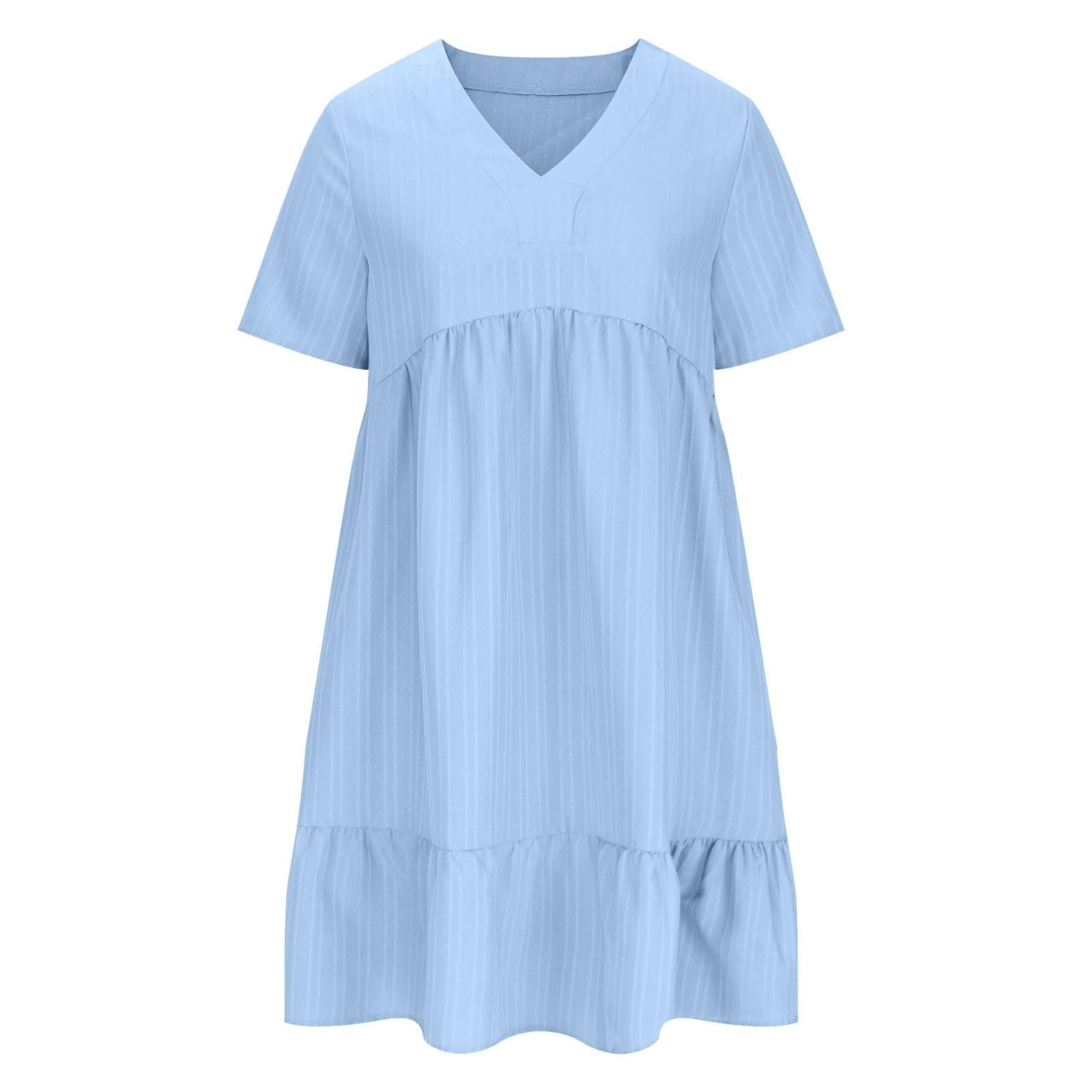 Vestido de muselina para mujer, de verano, de lino, largo hasta la rodilla, con cuello en V, camiseta, vestido de manga corta, vestido de casa, elegante, sencillo, informal, suelto, con volantes