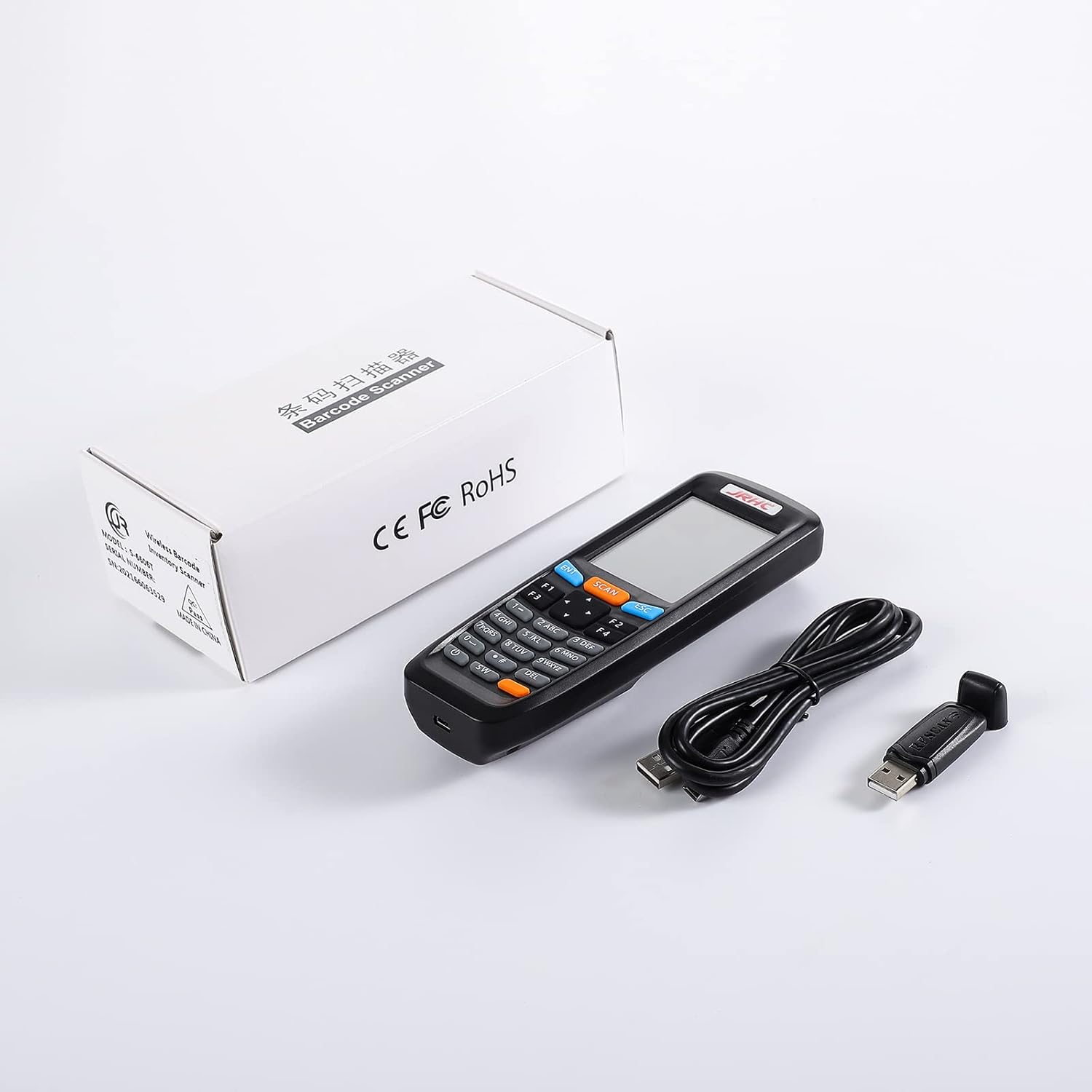 JRHC S-6606 Barcode Scanner, USB receiver, and USB cable next to its product box.