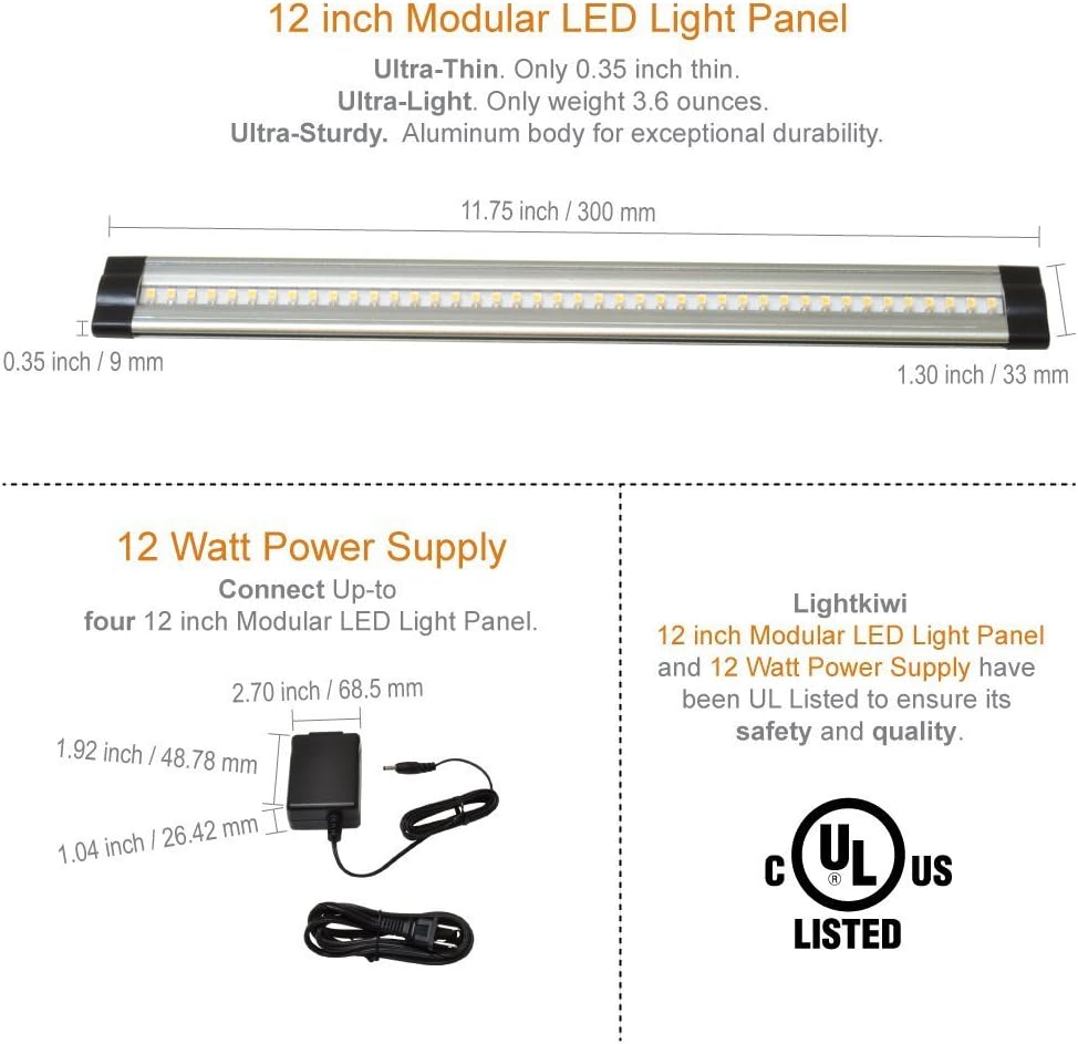 Lightkiwi E7574 Kit Components: LED panels, power supply, dimmer switch, 4-way splitter, modular connectors, mounting brackets, and interconnect cables.