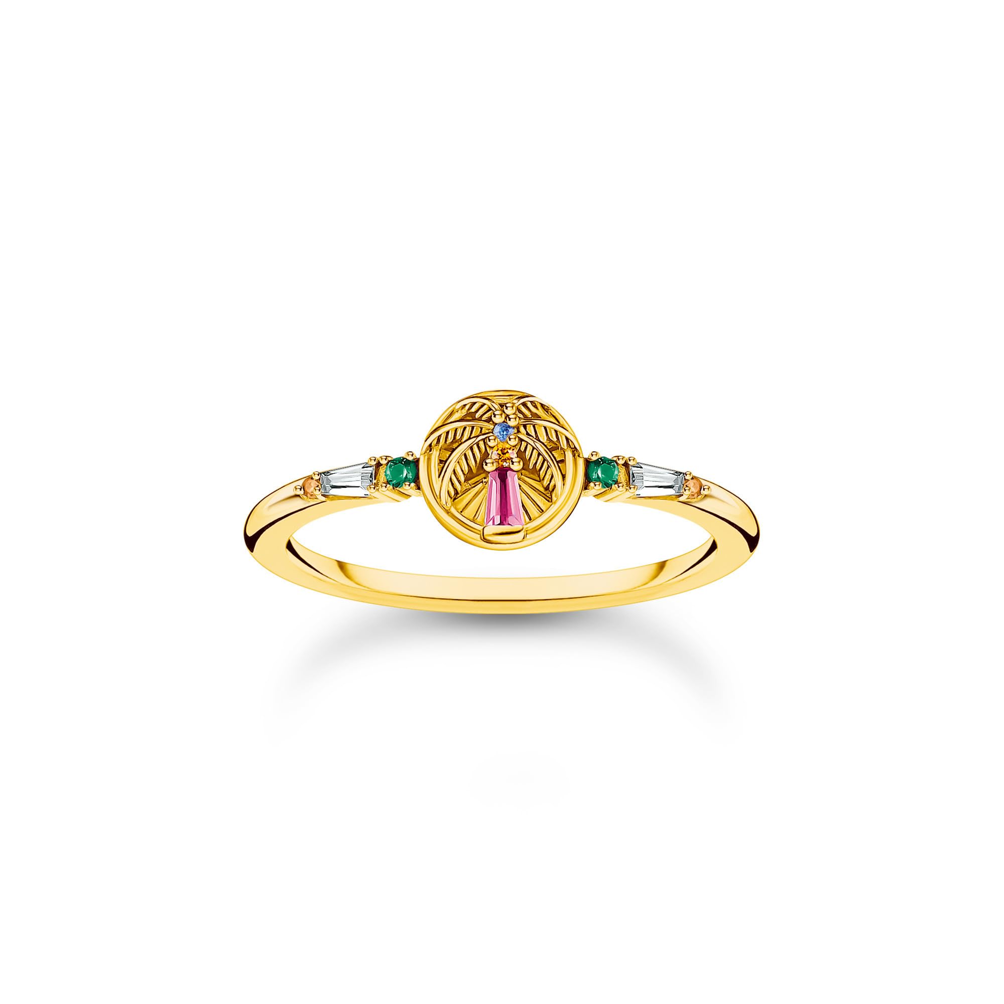 THOMAS SABO Ring mit Palme und bunten Steinen vergoldet 925 Sterlingsilber, 750 Gelbgold Vergoldung