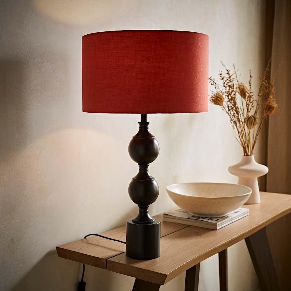 ValueLights Declan Metal Candlestick Table Lamp with Rust Drum Shade and Bulb