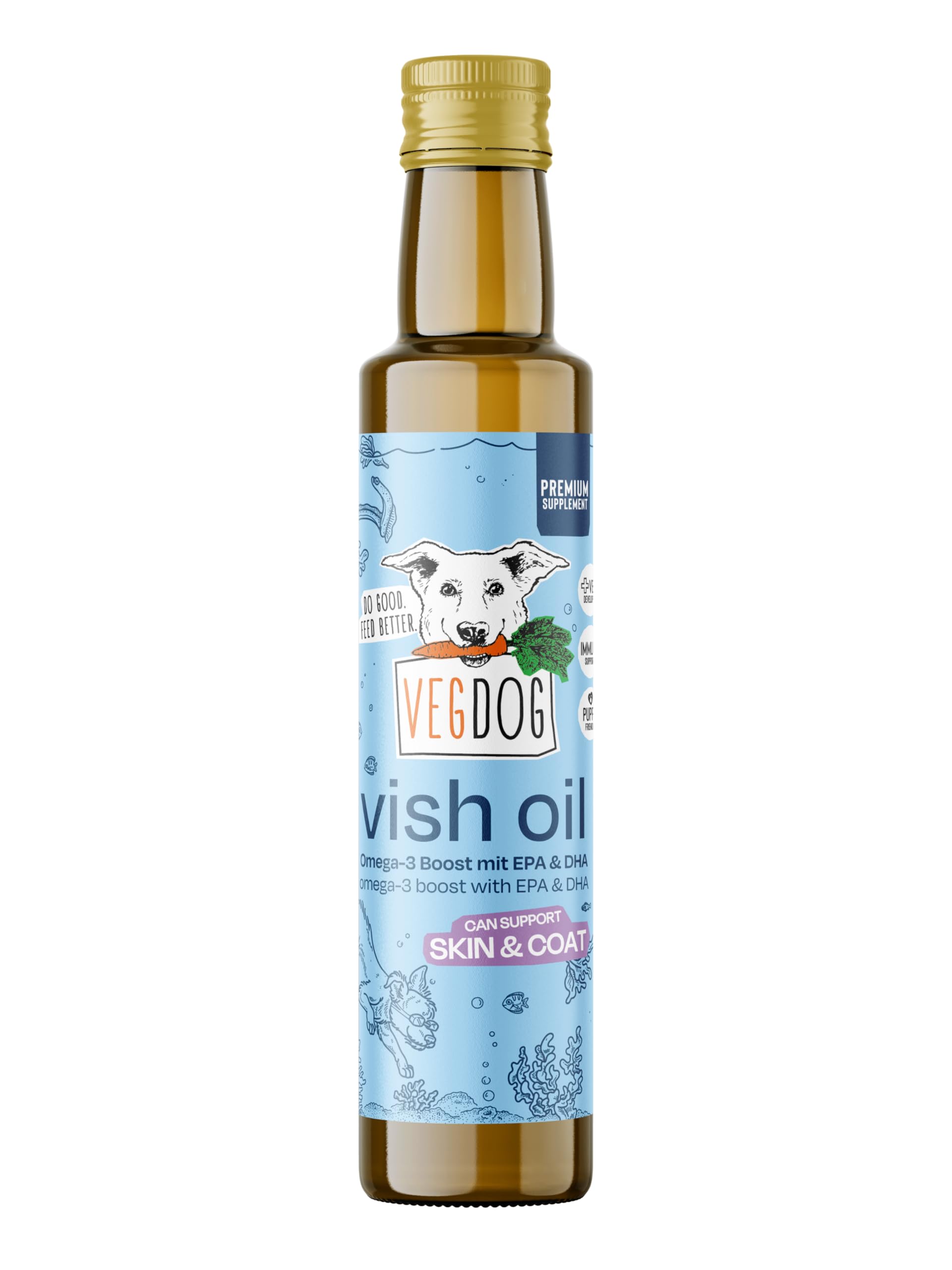 VEGDOG Vish Oil hypoallergenes Öl (250 ml) | Nahrungsergänzung für Hunde | veganes Fischöl mit Omega-3-Fettsäuren