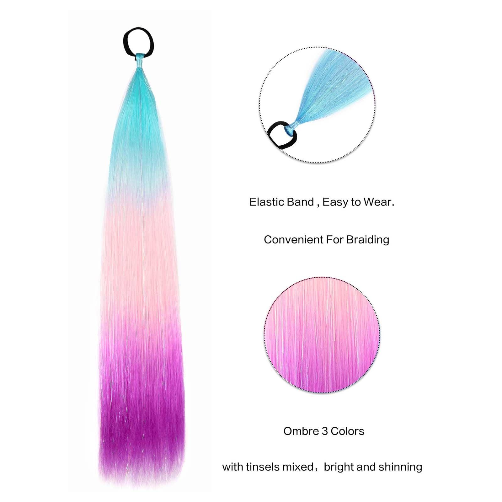 Rainbow Ponytail Extensions With Hair Tie 2 Packs 40g/Pack Coloured Hair Extensions for Braiding 18 inch Colorful Ombre Mermaid Pony Tail Synthetic Hair Extensions for Girl Women SS32 - Image 2