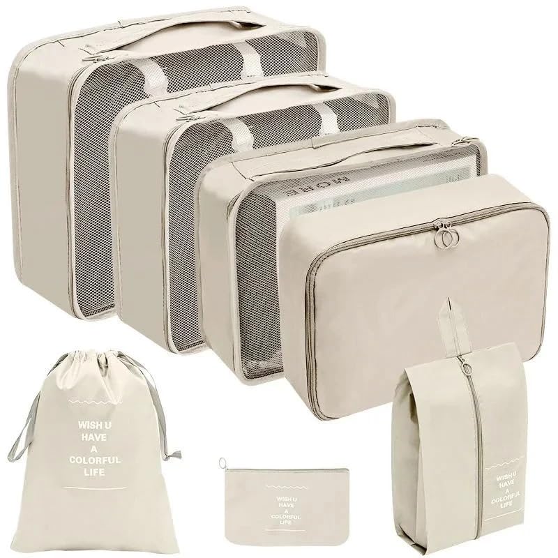 Kit Organizador de Malas Para Viagem Conjunto Organizador de Bagagem 7 Peças Bolsa Organizadora Para Roupas Acessórios Sapato Estojo de Maquiagem Cosméticos (Creme)