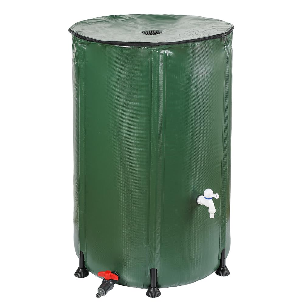 TERRE JARDIN - Réservoir Récupérateur Eau de Pluie, 500 L - Cuve Eau de Pluie, Pliable, en PVC Armée - Réservoir avec Robinet d'Arrêt et Robinet d'Écoullement - 500 litres - Vert