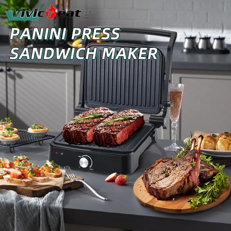 Parrilla de contacto 5 en 1 Panini Press Parrilla eléctrica antiadherente Temperatura ajustable Placas extraíbles Portátil para sándwiches Bistec Desayuno Parrilla eléctrica prensa de 4