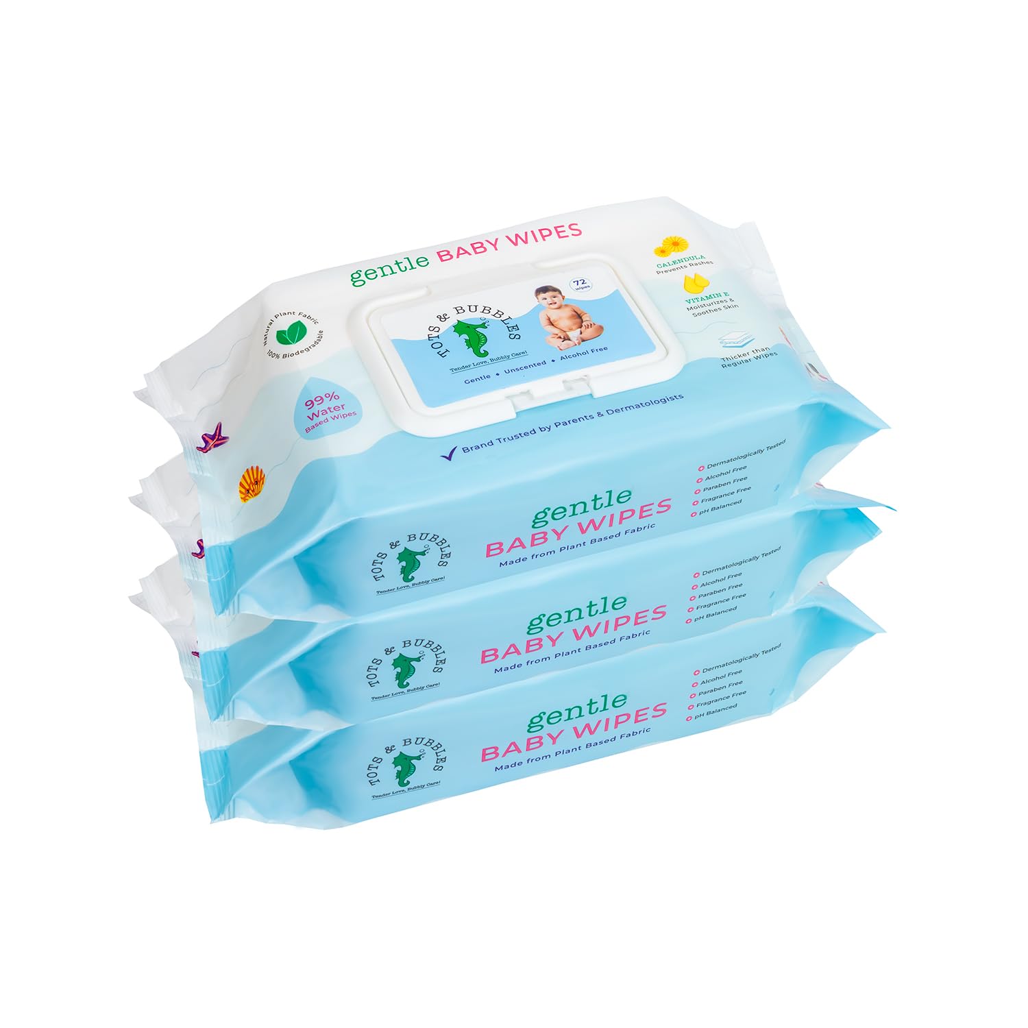 Tots & Bubbles 99% Water Baby Wet Wipes with Lid | Extra Thick & Ultra Moisturizing | Unscented, Natural Plant Fabric, Alcohol-Free, Paraben-Free, Gentle on Sensitive Skin | 72 Pcs (Pack of 3)-image-27
