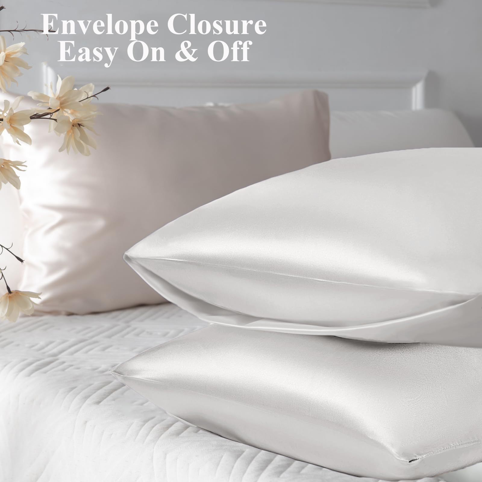 Vielit 2 Pack Satin Pillowcase for Hair and Skin Cooling,Soft as Silk Pillowcase for Hair and Skin,Easier Care than Silk Pillow Case White Ivory 50x75cm Gifts for Women Envelope & 2 Scrunchies - Image 3