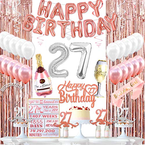 KeaParty 27th Birthday Decorations for Her, 27th Birthday Party Decorations Supplies Kit, 27th Birthday Crown, 27th Birthday Sash, 27th Birthday Balloons, 27th Birthday Cake Toppers, Birthday Banner, 27th Birthday Card for Rose Gold 27th Birthday Dec