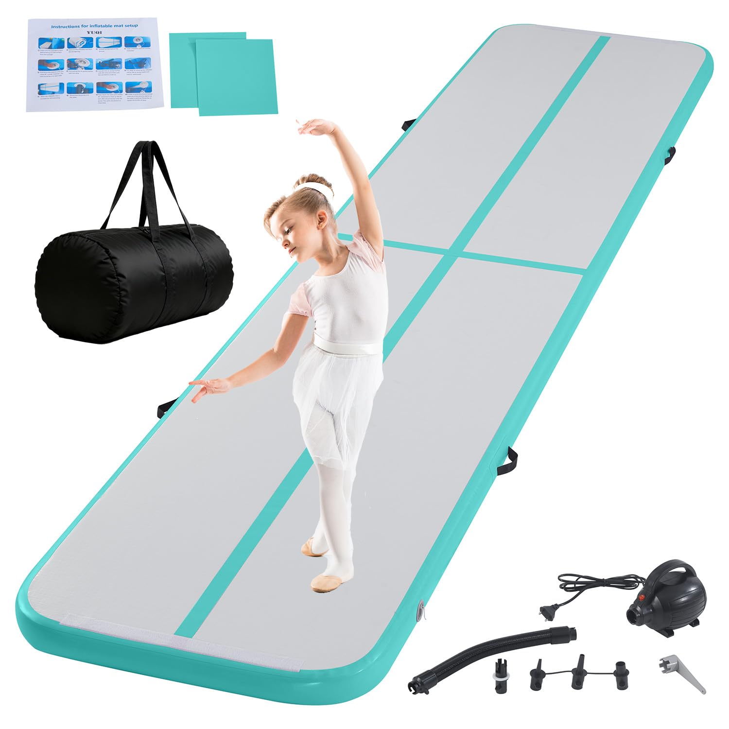 Inflatable Gymnastics Mat Tumble Track Gym Floor Mat 2M-6M Air Tumbling Training Track Thick 10cm with Electric Pump for Gymnastics Home Kids Tumble Training Yoga Water Pilates (Green, 2m/6.6ft)