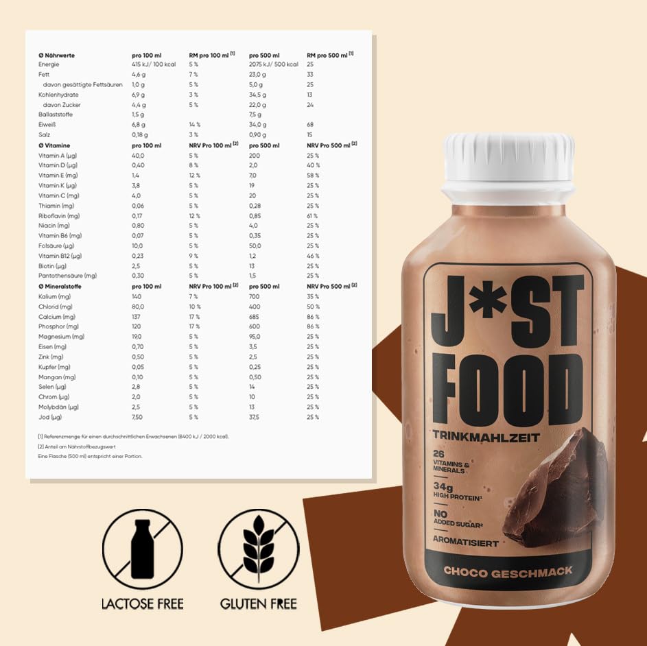 J*ST FOOD Choco Trinkmahlzeit – 6×500ml – 34g Protein, 26 Vitamine & Mineralstoffe, Laktosefrei, Ohne Zuckerzusatz, Vollwertige Mahlzeit, Schokoladiger Geschmack