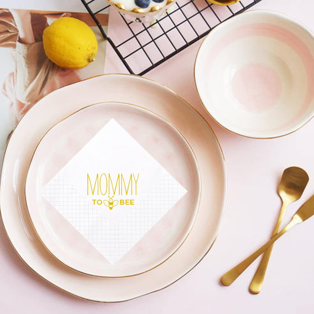 Servilletas de cóctel Mommy To Bee, paquete de 100 servilletas de papel doradas para fiesta de mamá a abeja, para baby shower, revelación de género, regalos de fiesta de bienvenida para bebé, 2