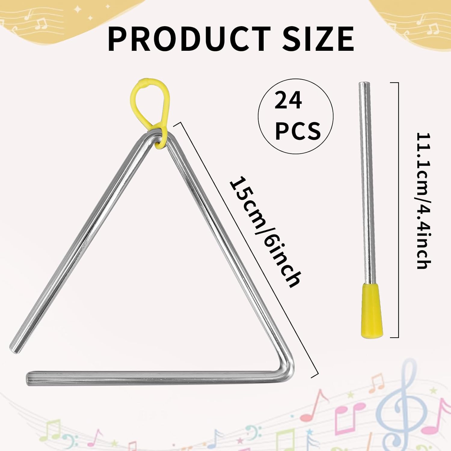 24 Pcs 6 Inch Steel Triangle Instrument with Striker Hand Percussion Triangle Instruments Rhythm Musical Percussion Instrument for Adults