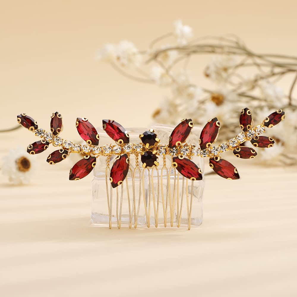 Teyglen Crystal Wedding Hair Comb with Red Rhinestones - Dainty Side Comb for Brides in Black, Blue, Green, and Wine Red