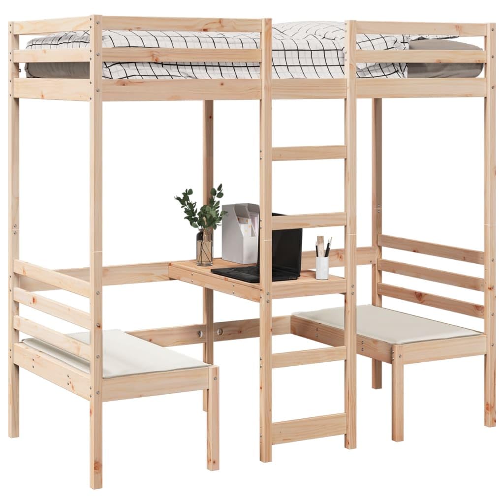 Cama alta 90 x 190 cm de madera maciza de pino con escritorio y 2 sillas, marco de cama para niños y jóvenes, muebles seguros para dormir