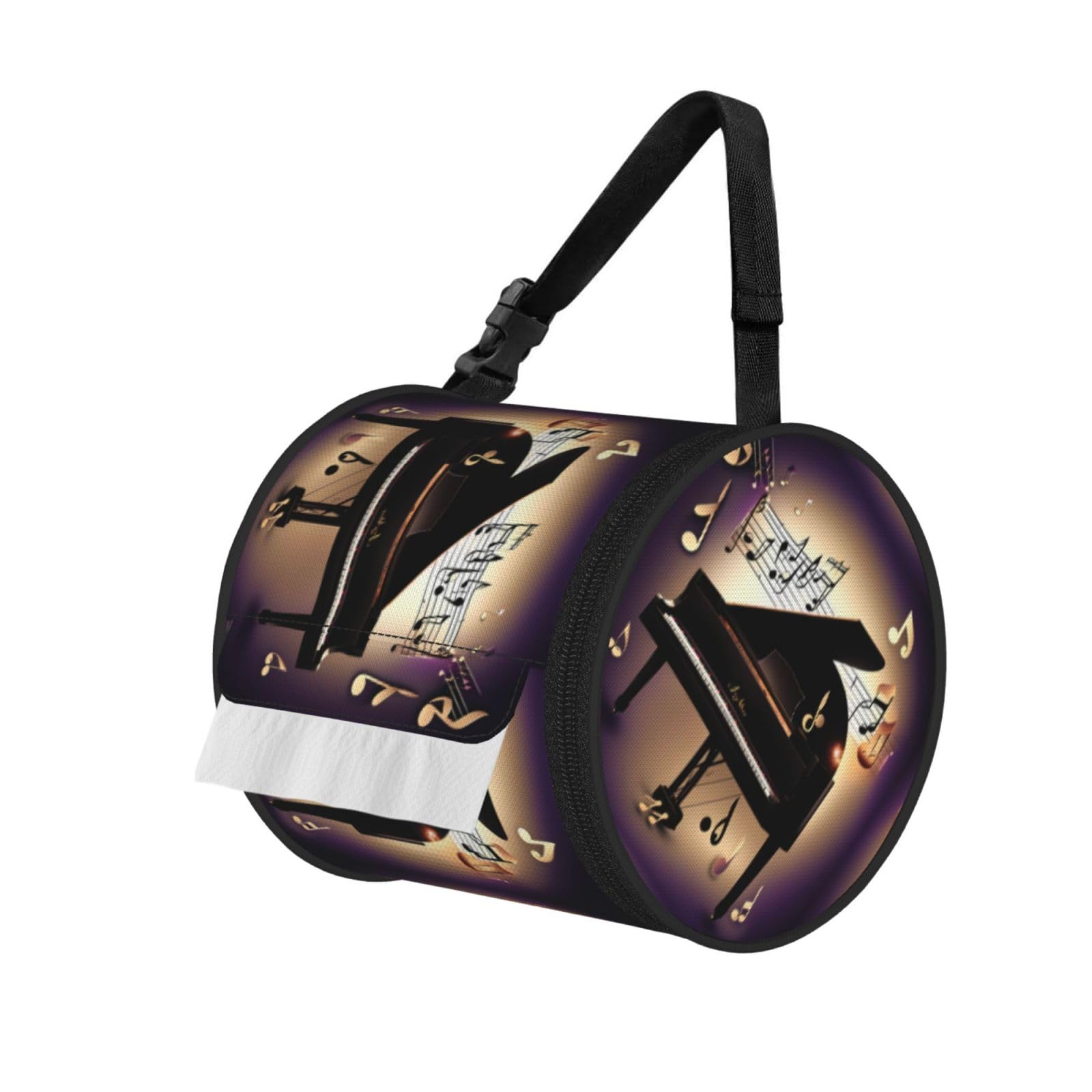 Jiuty Black Music Note Piano Print Cylinder Tissue Organizer Bag With Strap, Portable Toilet Roll Holder For Camping Car