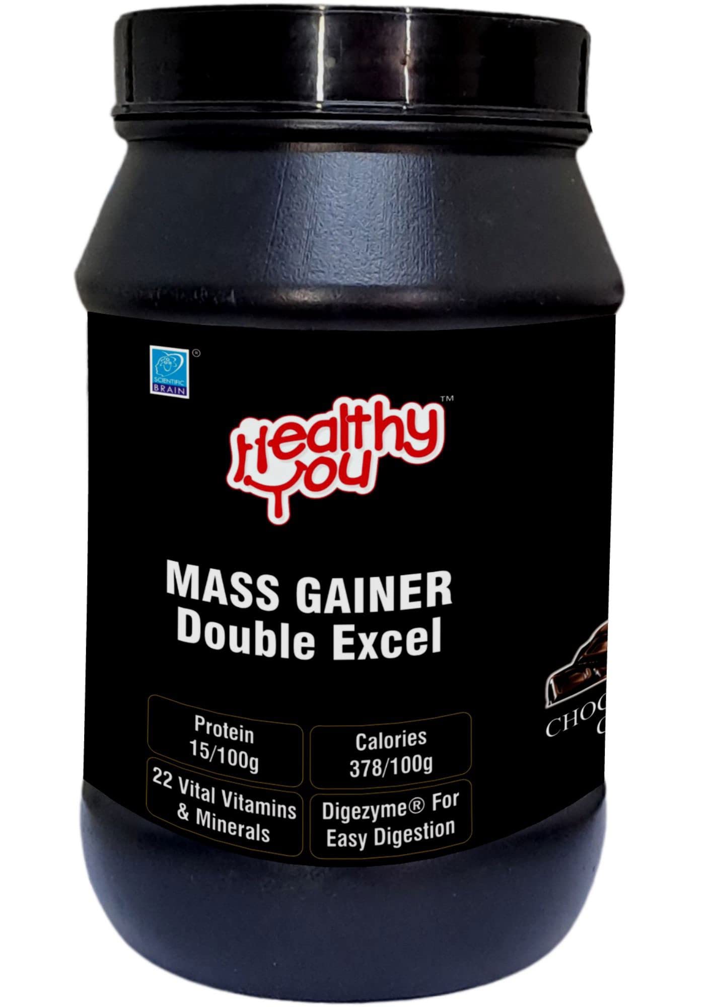 Healthy You Mass Gainer Double Excel | 13.5g Protein, 2.1g BCAA per 90g scoop| Improved Endurance and Muscle Recovery| Supports Weight Gain| Easy to Digest|Chocolate Caramel Flavoured Powder 1kg