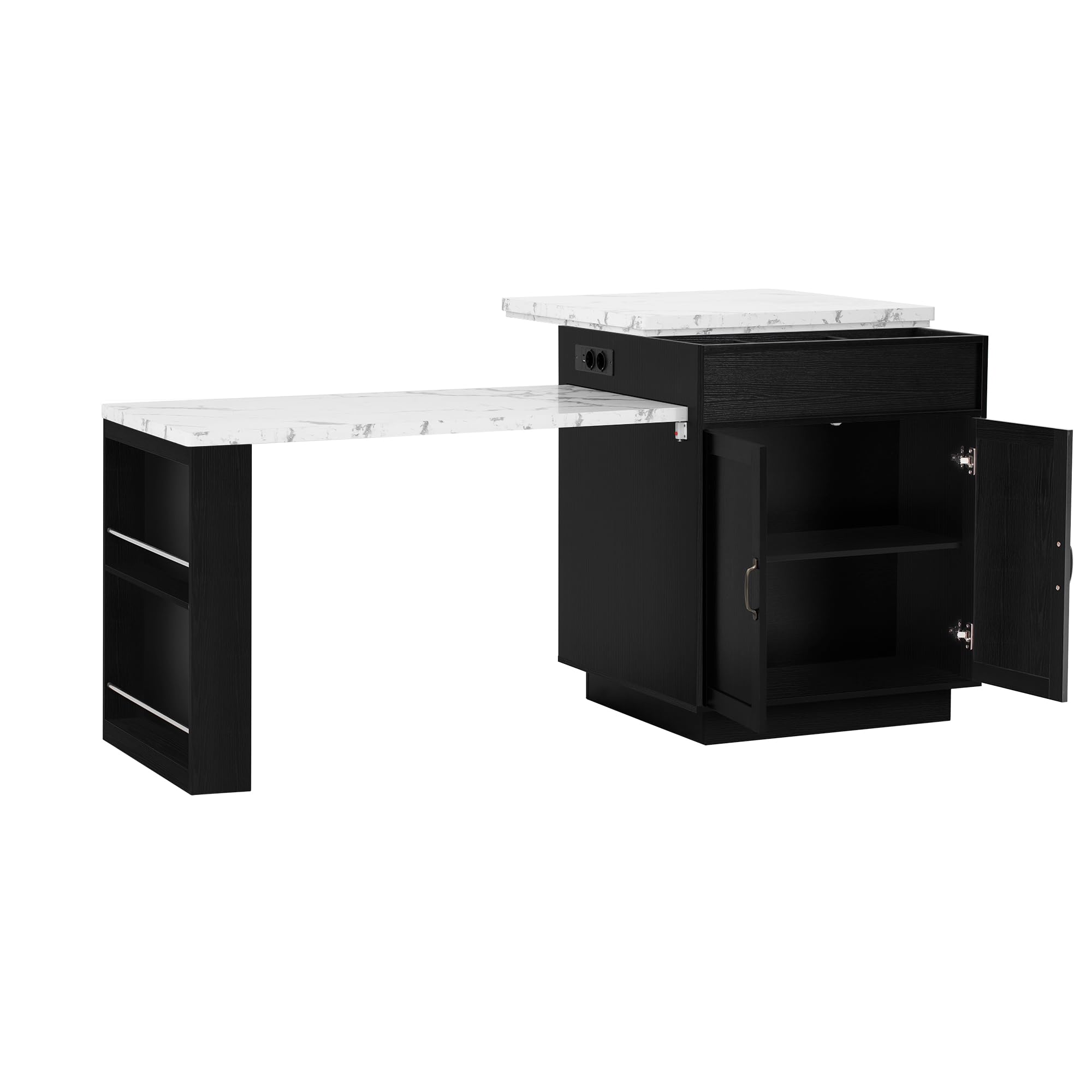 Isla de cocina, armario de cocina con ruedas, mesa de comedor extensible con iluminación LED, mesa de cocina con regletas, como aparador, mueble o mesa de bar para cocina, comedor (negro)