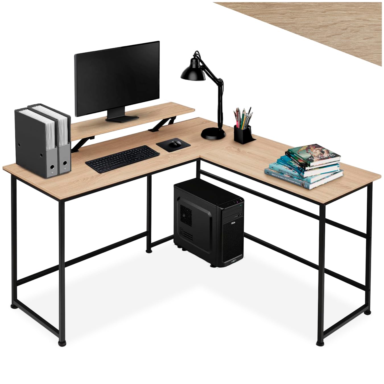tectake® Scrivania angolare 140x130x76,5 cm, Scrivania Gaming Casa e Ufficio, Ideale Computer Portatile o Computer Fisso, Ripiano rialzato per Monitor, Scrivanie Stile Industriale - Legno Chiaro