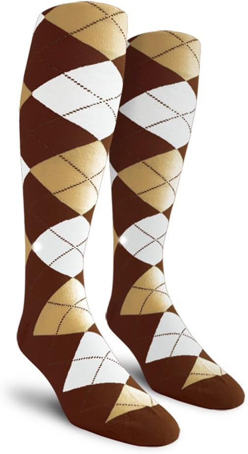 Golf Knickers Colorful Knee High Argyle Cotton Socks For Men Women and Youth (AA-ZZ) Brown/Khaki/White 10-13