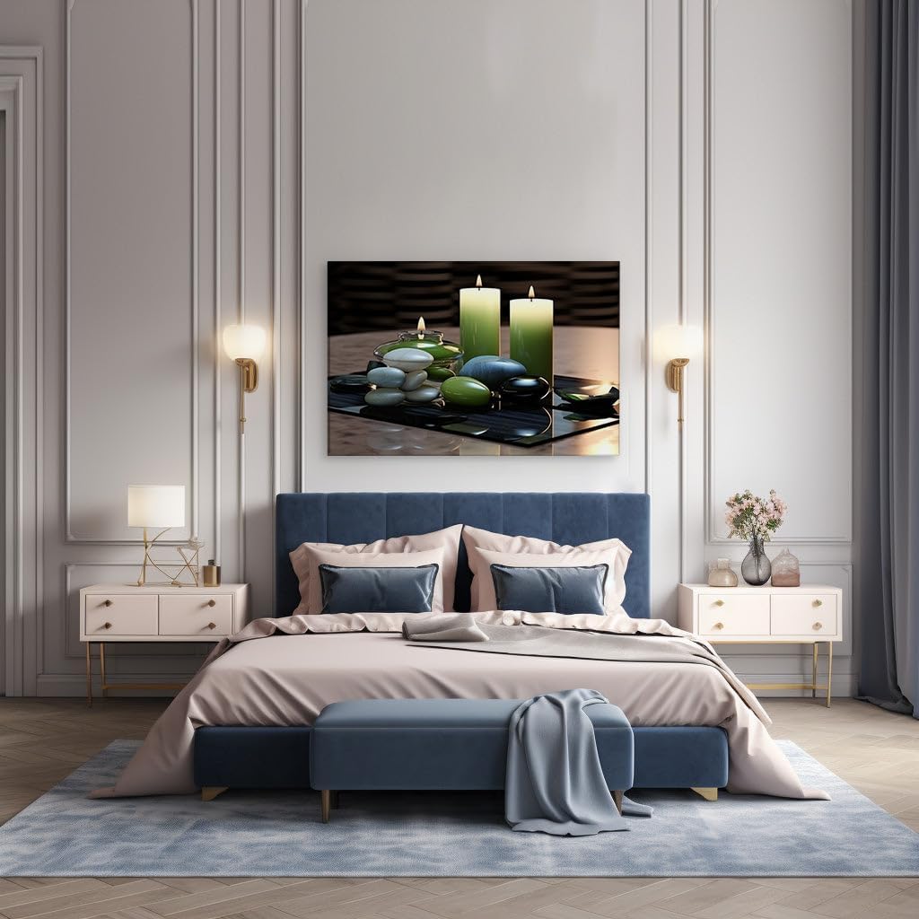 Canvas for Living room. Serenity Captured: The Artistic Interplay of Candlelight and Stone Reflections, 27 x 18 inch Canvas Wall Art - Contemporary Masterpieces - Modern Home Decor