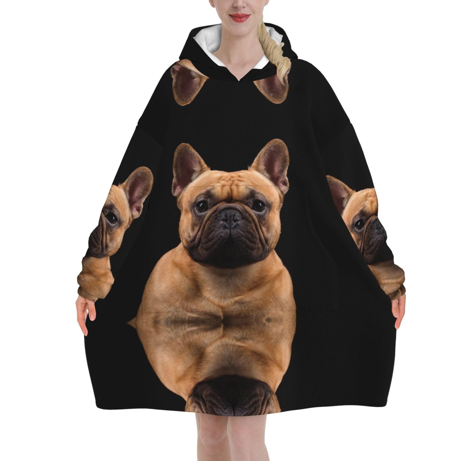 Poadnly Unisex As Picture French Bulldog On Black,Women's Oversized Wearable Blanket Hoodie, Blanket Sweatshirt,Flannel Pullover Blanket